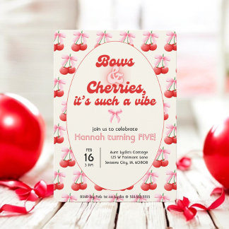 5th Birthday Coquette Cherries Bows Bubble Letters Invitation