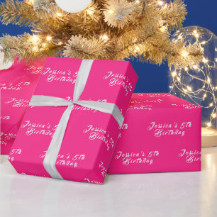 5th Birthday Cute Girly Pink Simple Modern Name Wrapping Paper