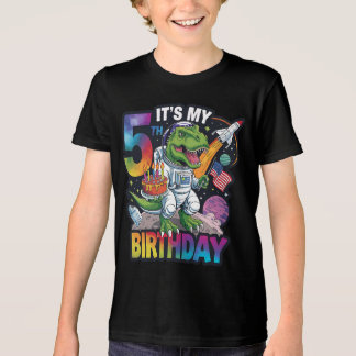 5th Birthday Dinosaur Astronaut T-Rex Space Kids Tri-Blend Shirt