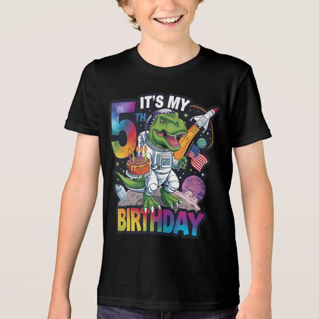 5th Birthday Dinosaur Astronaut T-Rex Space Kids Tri-Blend Shirt (Front)