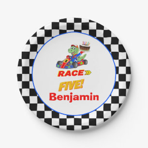 5th Birthday Dinosaur Race Car Ready Set Paper Plate