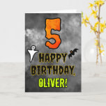 5th Birthday: Eerie Halloween Theme   Custom Name Card<br><div class="desc">The front of this scary and spooky Hallowe’en themed birthday greeting card design features a large number “5”. It also features the message “HAPPY BIRTHDAY, ”, and a personalised name. There are also depictions of a bat and a ghost on the front. The inside features a customised birthday greeting message,...</div>