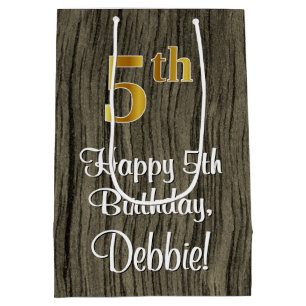 5th Birthday: Elegant Faux Gold Look #, Faux Wood Medium Gift Bag