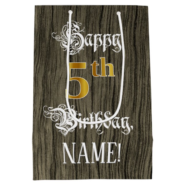 5th Birthday: Faux Gold Look & Faux Wood Pattern Medium Gift Bag (Back)