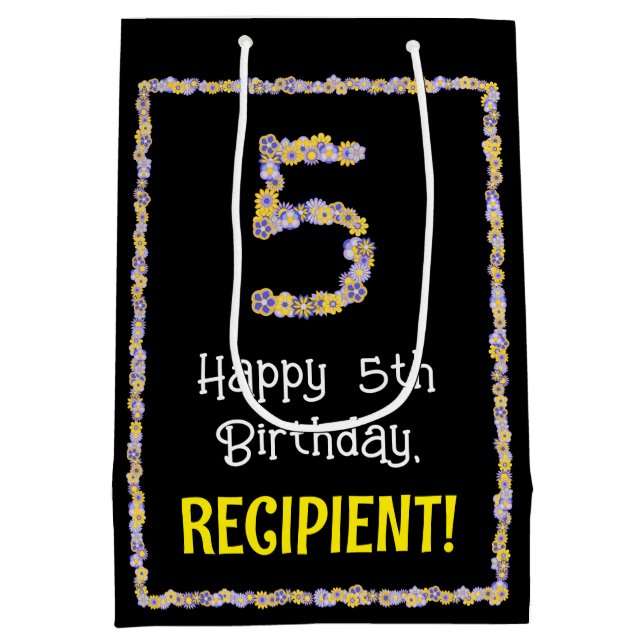 5th Birthday: Floral Flowers Number, Custom Name Medium Gift Bag (Back)