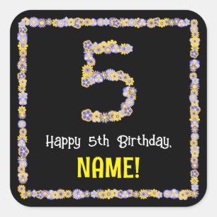 5th Birthday: Floral Flowers Number, Custom Name Square Sticker