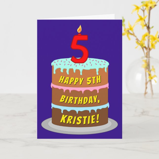 5th Birthday: Fun Cake and Candle + Custom Name Card (Yellow Flower)
