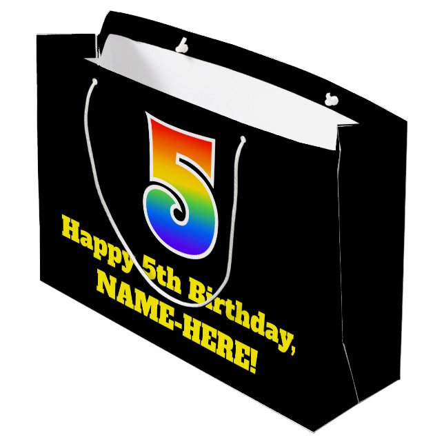 5th Birthday ~ Fun, Colourful, Vibrant, Rainbow 5 Large Gift Bag (Back Angled)
