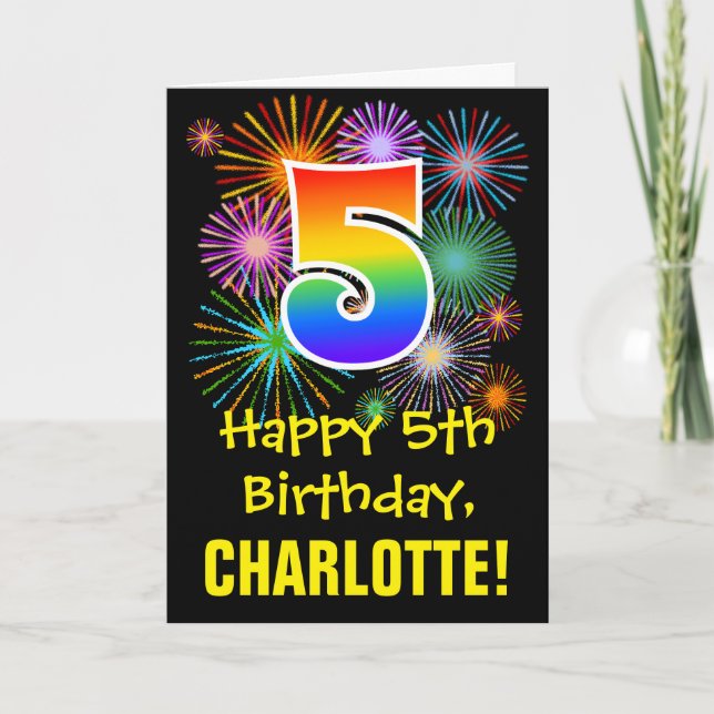 5th Birthday: Fun Fireworks Pattern + Rainbow 5 Card (Front)