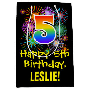 5th Birthday: Fun Fireworks Pattern + Rainbow 5 Medium Gift Bag