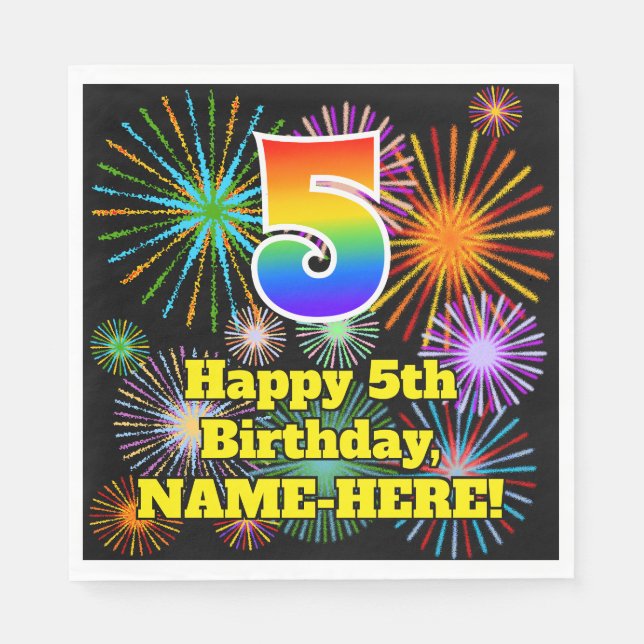 5th Birthday: Fun Fireworks Pattern + Rainbow 5 Napkin (Front)