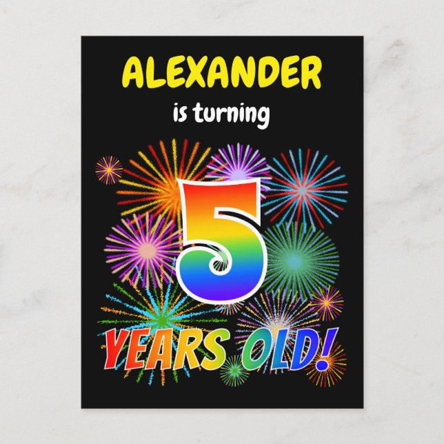 5th Birthday - Fun Fireworks, Rainbow Look "5" Postcard (Front)