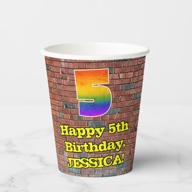 5th Birthday: Fun Graffiti-Inspired Rainbow 5 Paper Cups (Front)