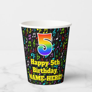 5th Birthday: Fun Music Notes Pattern, Rainbow 5 Paper Cups