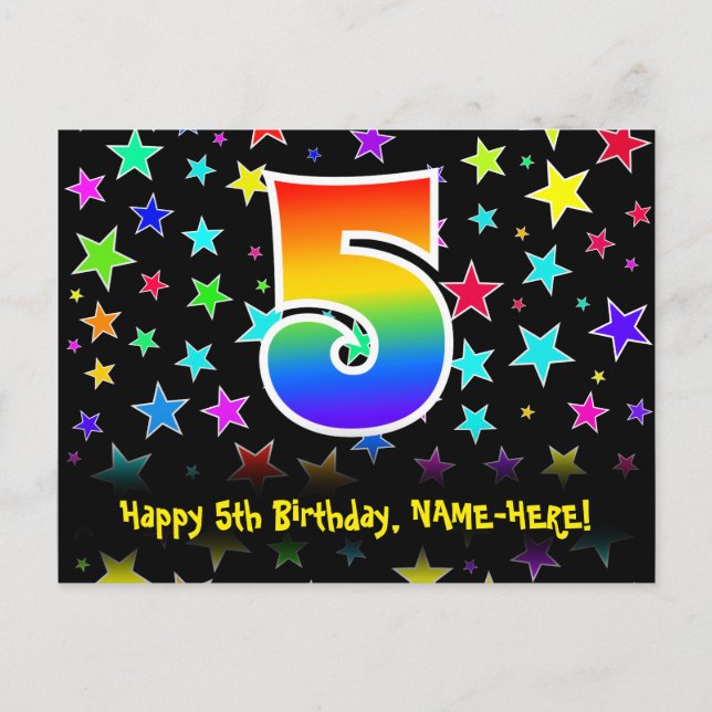5th Birthday: Fun Stars Pattern, Rainbow 5, Name Postcard (Front)