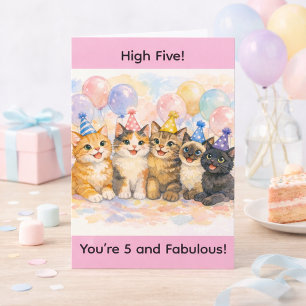 5th Birthday Girl Age 5 Watercolor Cute Cat Party Card