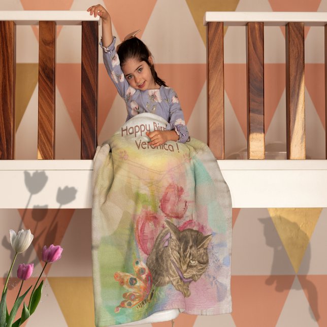 5th Birthday Girl Cat butterfly Fleece Blanket (5th Birthday Girl Cat butterfly Fleece Blanket)