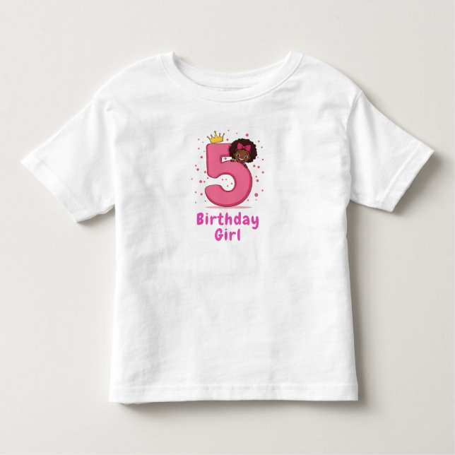 5th Birthday Girl Pink Number Crown Curly Hair Toddler T-Shirt (Front)