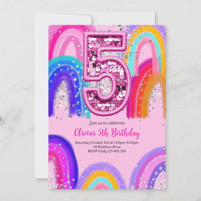 5th Birthday Girls Rainbow Pink Invitation (Front)