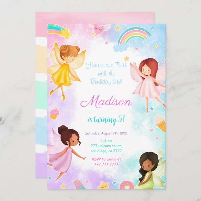 5th Birthday Golden Fairy Party  Invitation (Front/Back)