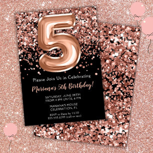 5th Birthday Invitation Black Rose Gold Glitter