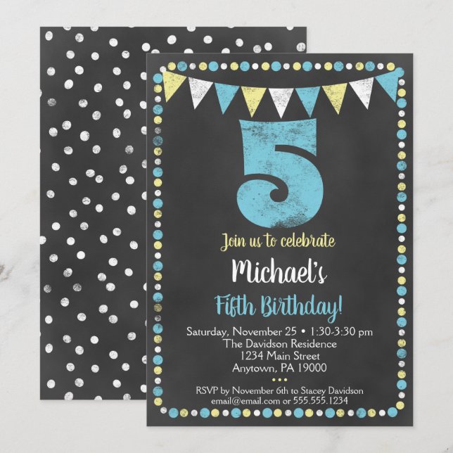 5th Birthday Invitation Blue Yellow Chalkboard  (Front/Back)