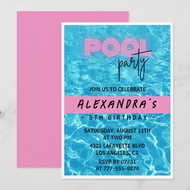 5th birthday invitation for her Pool Party Summer (Front/Back)