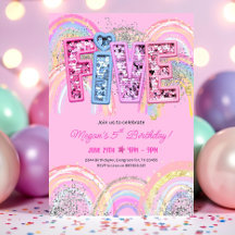5th Birthday Invitation Girl Editable Rainbow Sequ
