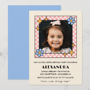 5th birthday invitation Retro Groovy Blue Floral