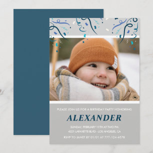 5th birthday invitations Boy Confetti Photo Navy