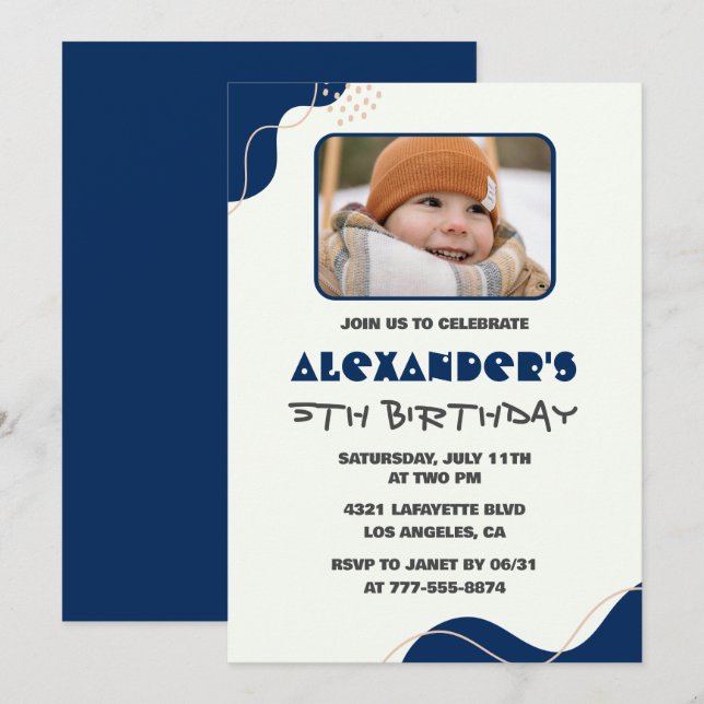 5th birthday invitations Boy Navy Simple Photo (Front/Back)
