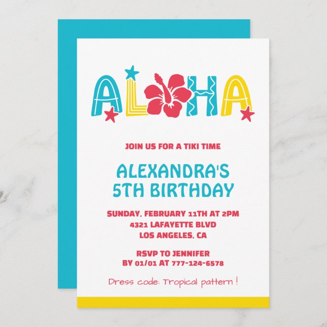 5th birthday invitations Tropical Aloha Hawaiian (Front/Back)