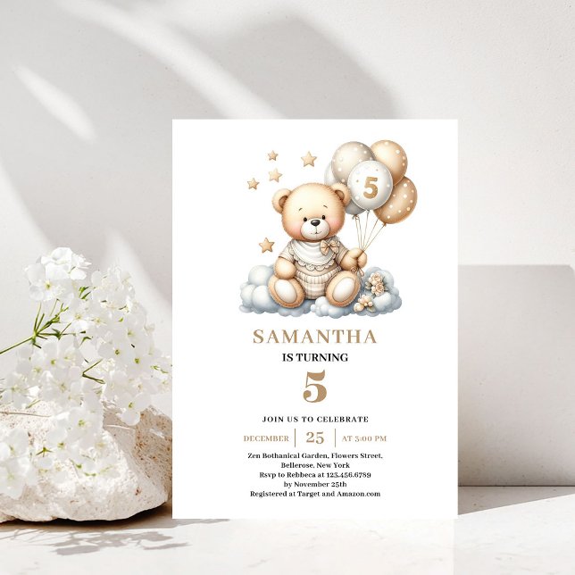 5th Birthday Invite Teddy Bear Gold Ivory Balloons (5th Birthday Invite Teddy Bear Gold Ivory Theme)