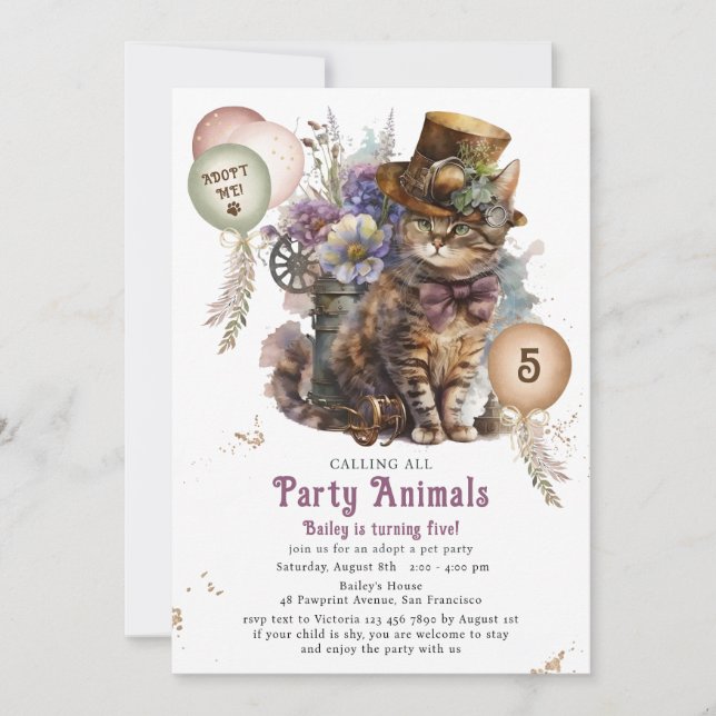 5th Birthday Kitten Cat Pet Adoption Party Invitation (Front)