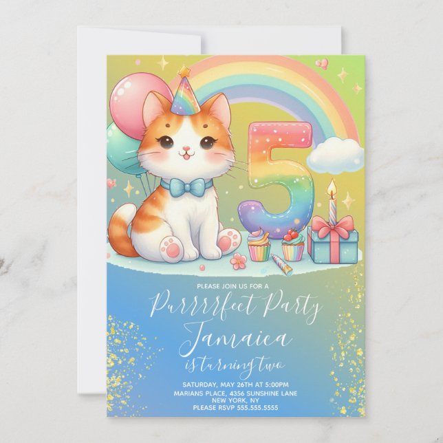 5th Birthday Kitten Rainbow Party Invitation (Front)