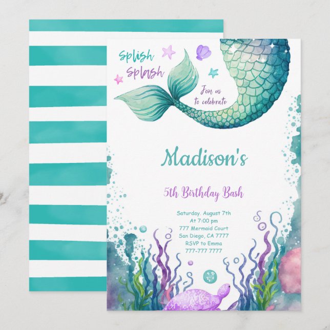 5th Birthday Mermaid Invitation (Front/Back)