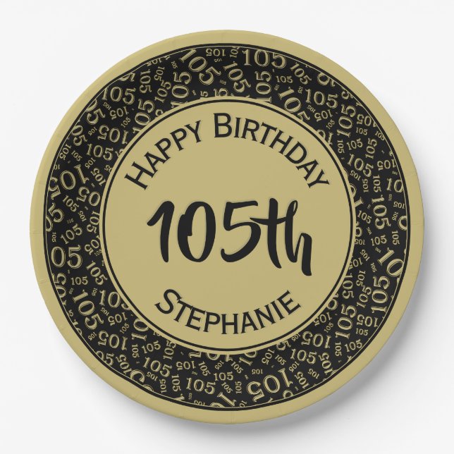 5th Birthday Modern Number Pattern Gold/Black Paper Plate (Front)