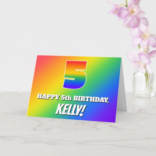 5th Birthday: Multicolored Rainbow Pattern # 5 Card (Orchid)