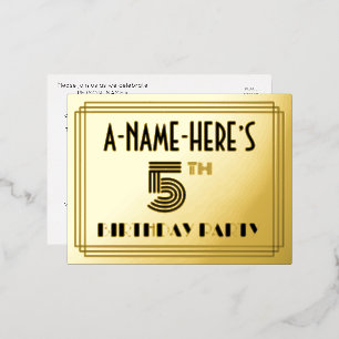 5th Birthday Party ~ Art Deco Style “5” + Name Foil Invitation Postcard