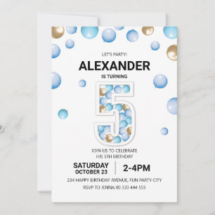 5th Birthday Party, Blue and Gold Balloon Boy Invitation