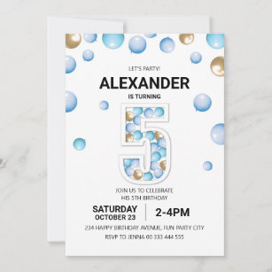 5th Birthday Party, Blue and Gold Balloon Boy Invitation