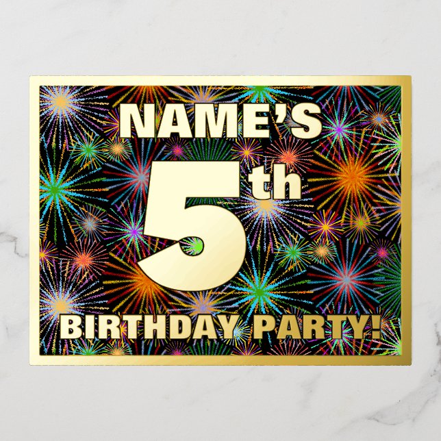5th Birthday Party: Bold, Colourful Fireworks Look Foil Invitation Postcard (Front)