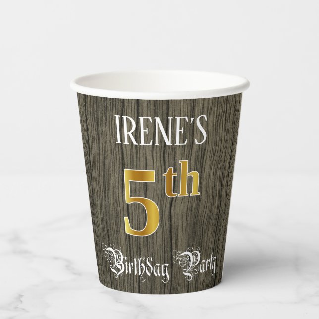 5th Birthday Party — Faux Gold & Faux Wood Looks Paper Cups (Back)