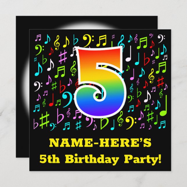5th Birthday Party: Fun Music Symbols, Rainbow 5 Invitation (Front/Back)