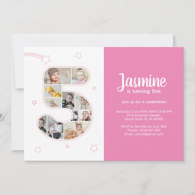 5th Birthday Party Number 5 Custom Photo Collage Invitation (Front)