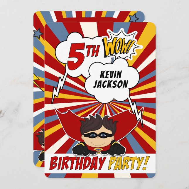 5th Birthday Party Superhero Red Comic for Boys Invitation (Front/Back)