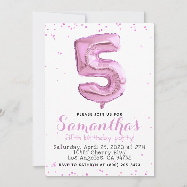5th Birthday Pastel Pink Balloon Invitation (Front)