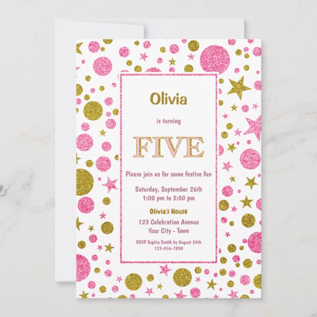 5th Birthday Pink and Gold Glitter Invitation (Front)