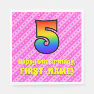 5th Birthday: Pink Stripes & Hearts, Rainbow # 5 Napkin