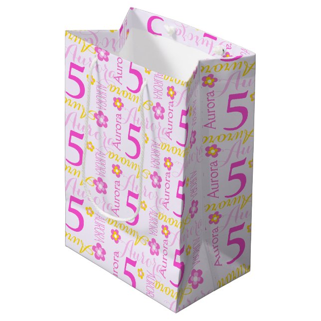 5th Birthday pink yellow custom name gift bag (Front Angled)